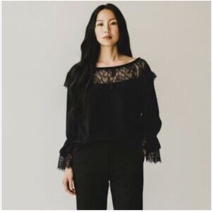 Black Lace Yoke Blouse Bell Sleeve Top S Whimsigoth Dark Fairy Grunge Witchy Top